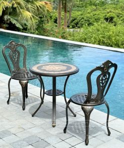 Bộ bàn ghế ban công BG-02M màu nâu bàn mặt đá D60cm
