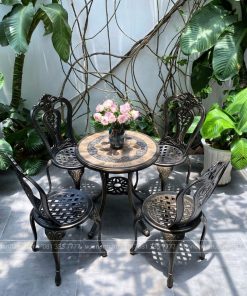Bộ bàn ghế nhôm đúc sân vườn BG-002M màu nâu bàn D60cm (2)