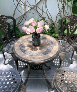 Bộ bàn ghế nhôm đúc sân vườn BG-002M màu nâu bàn D60cm