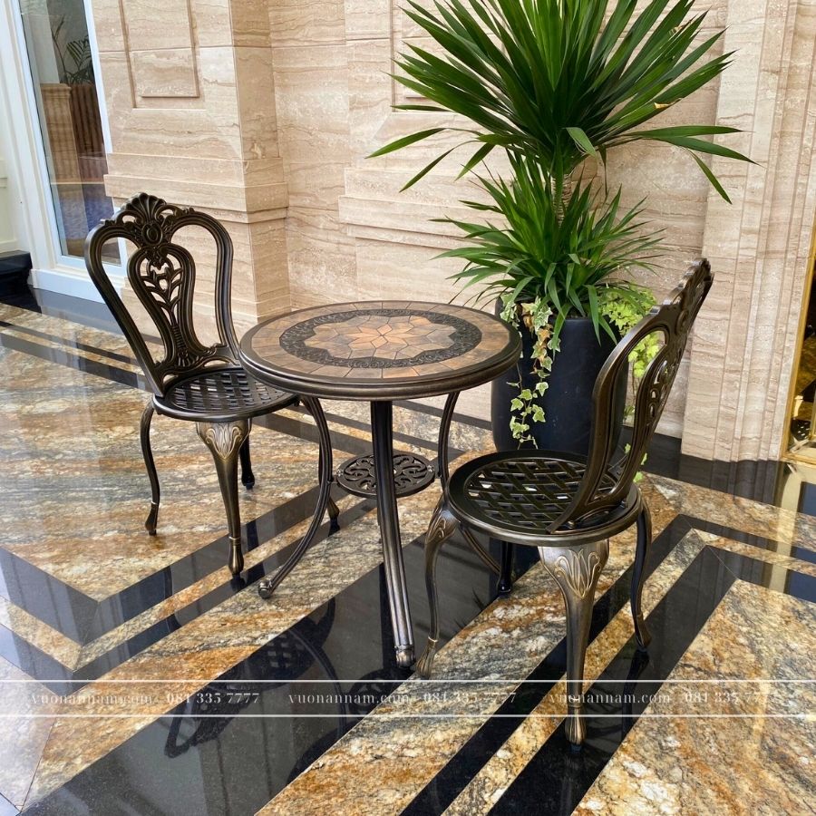 Bộ Bàn Ghế Ngoài Trời BG-02M màu nâu bàn mặt đá D60cm