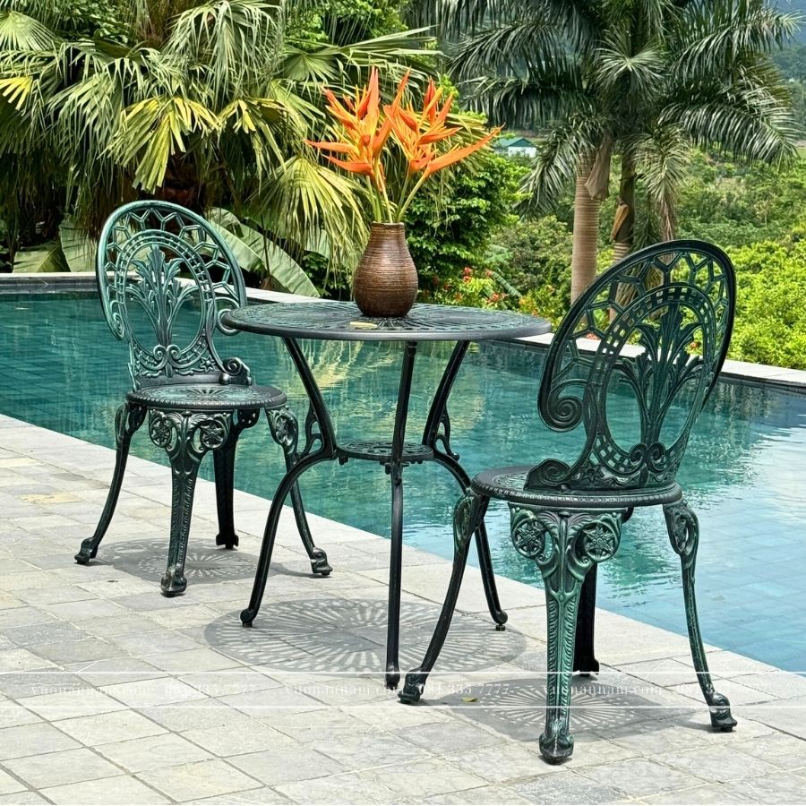 Bộ Bàn Ghế Ngoài Trời BG-28X màu xanh bàn D65cm