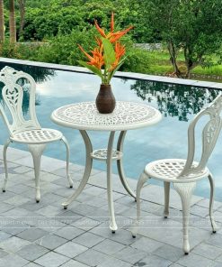Bộ bàn ghế ban công BG-02T màu trắng bàn D70cm