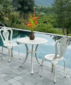 Bộ bàn ghế ban công BG-02T màu trắng bàn D70cm