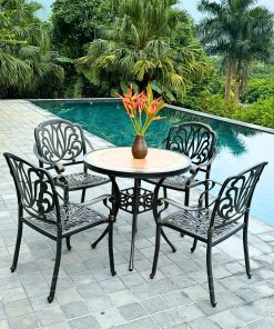 Bộ bàn ghế sân vườn BG03-D80M màu nâu bàn mặt đá D80cm (2)