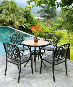 Bộ bàn ghế sân vườn BG03-D80M màu nâu bàn mặt đá D80cm