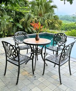 Bộ bàn ghế sân vườn BG03-D80M màu nâu bàn mặt đá D80cm (3)