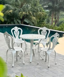 Bộ bàn ghế nhôm đúc sân vườn BG02-D80T màu trắng bàn D80cm (2)