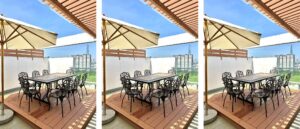 Bữa ăn ngoài trời sang trọng với bàn dài đặt trong khu vườn xanh