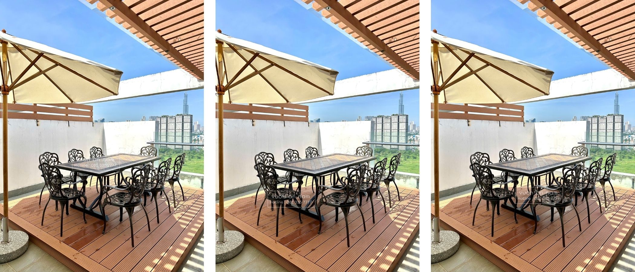 Bữa ăn ngoài trời sang trọng với bàn dài đặt trong khu vườn xanh